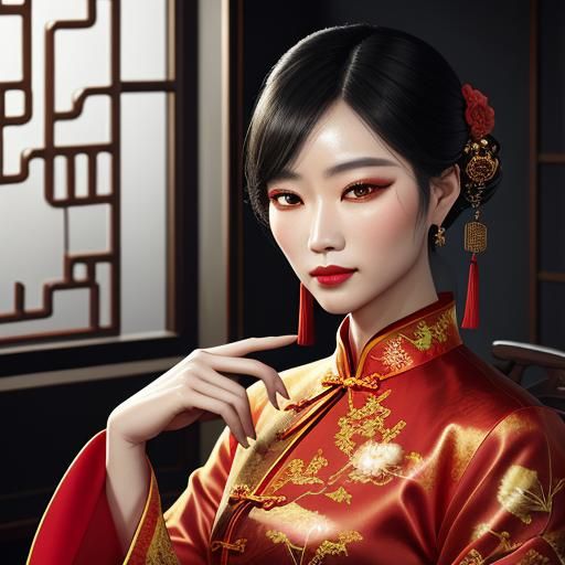 Woman in Cheongsam with Nàmù Cuò Patterns