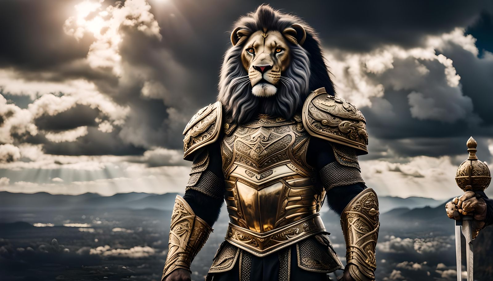 Lion King Warrior in Gold Armor, Hyperrealistic