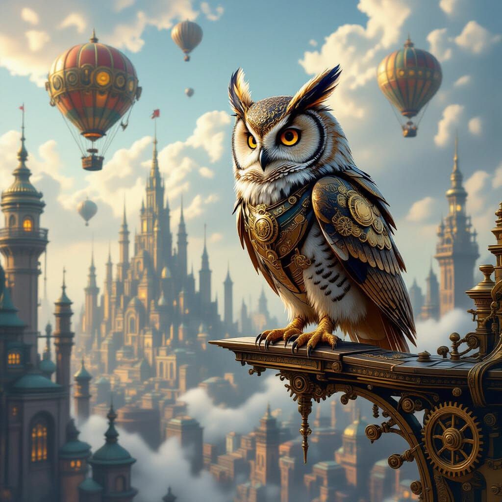 Steampunk Owl Over Fantastical City, Detailed Concept Art