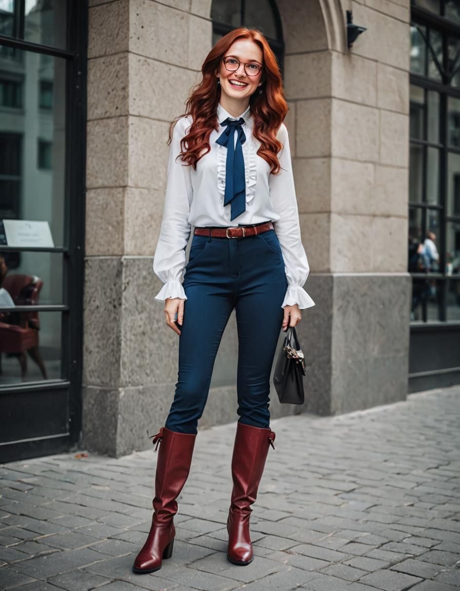 Elegant Businesswoman Portrait with Red Hair and Blue Boots