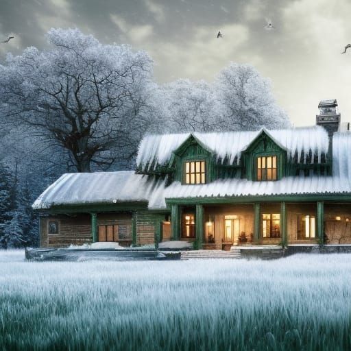 Winter Farmhouse with Green Roof: Digital Matte Painting
