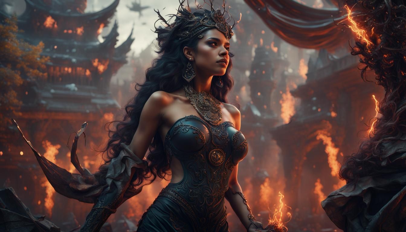 Attractive Black Magic Woman in Detailed Matte Painting