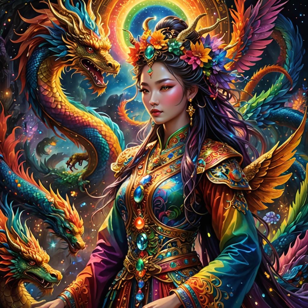 Rainbow Dragon and Phoenix in Iridescent Digital Art