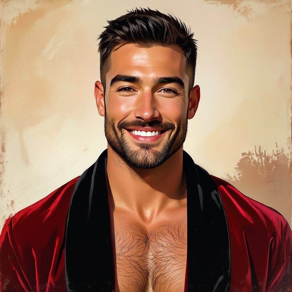 Handsome Man in Red Velvet Robe as Impressionist Painting