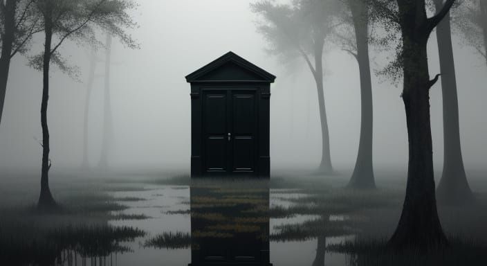 Mysterious Black Door in a Foggy Swamp Scene