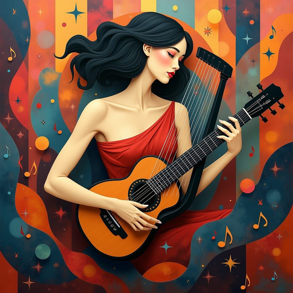 Woman Amidst Vibrant Musical Notes in Neo-Cubist Style