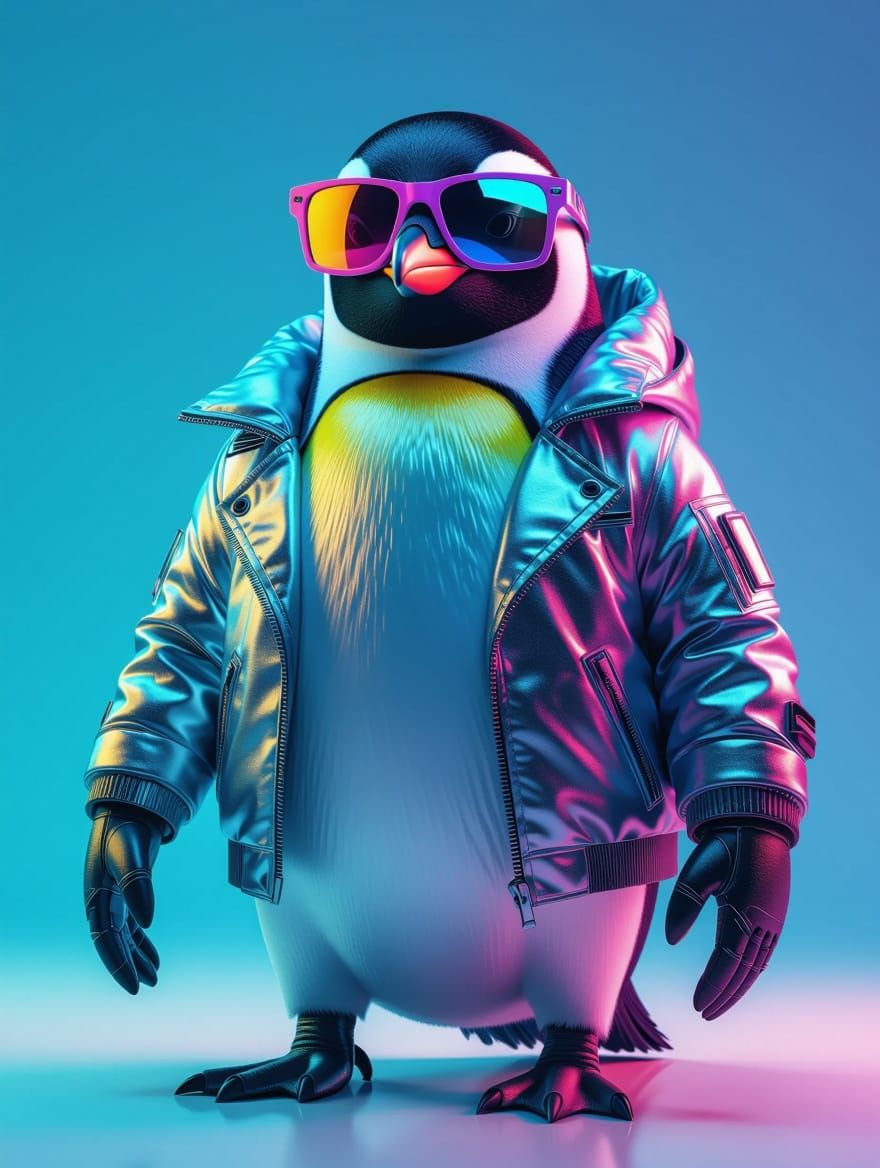 Cyberpunk Penguin in Metallic Silver and Neon Accents