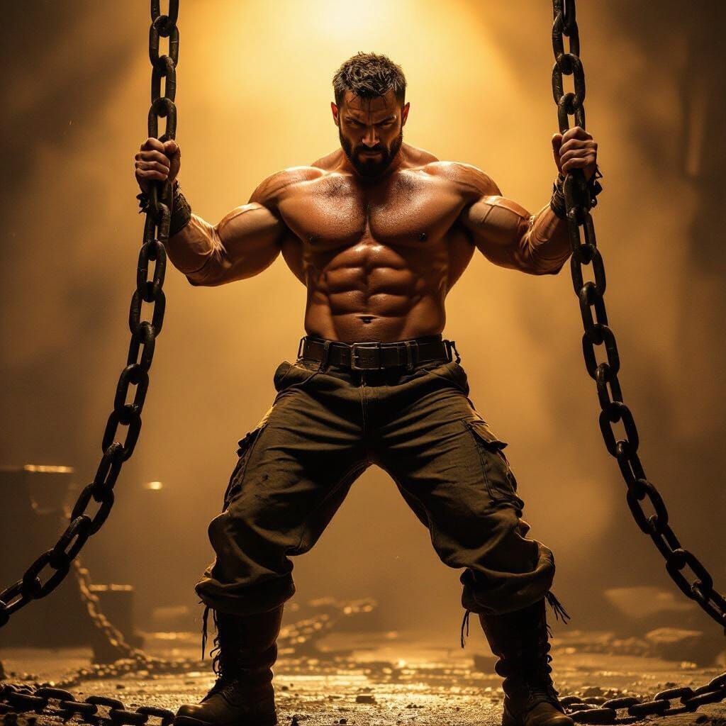 Muscular Man Lifting Chains in Heroic Art Style