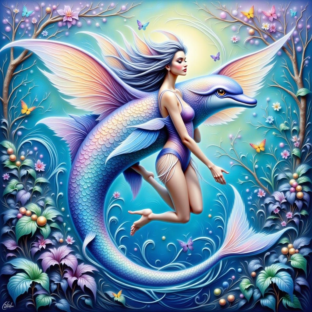 Fantasy Dolphin Creature in Acrylic Impasto Style
