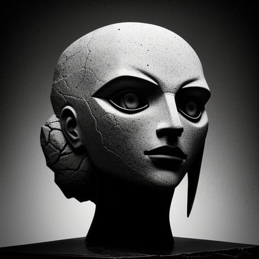 Surreal Black and White Head Sculpture with Geometric Patter...