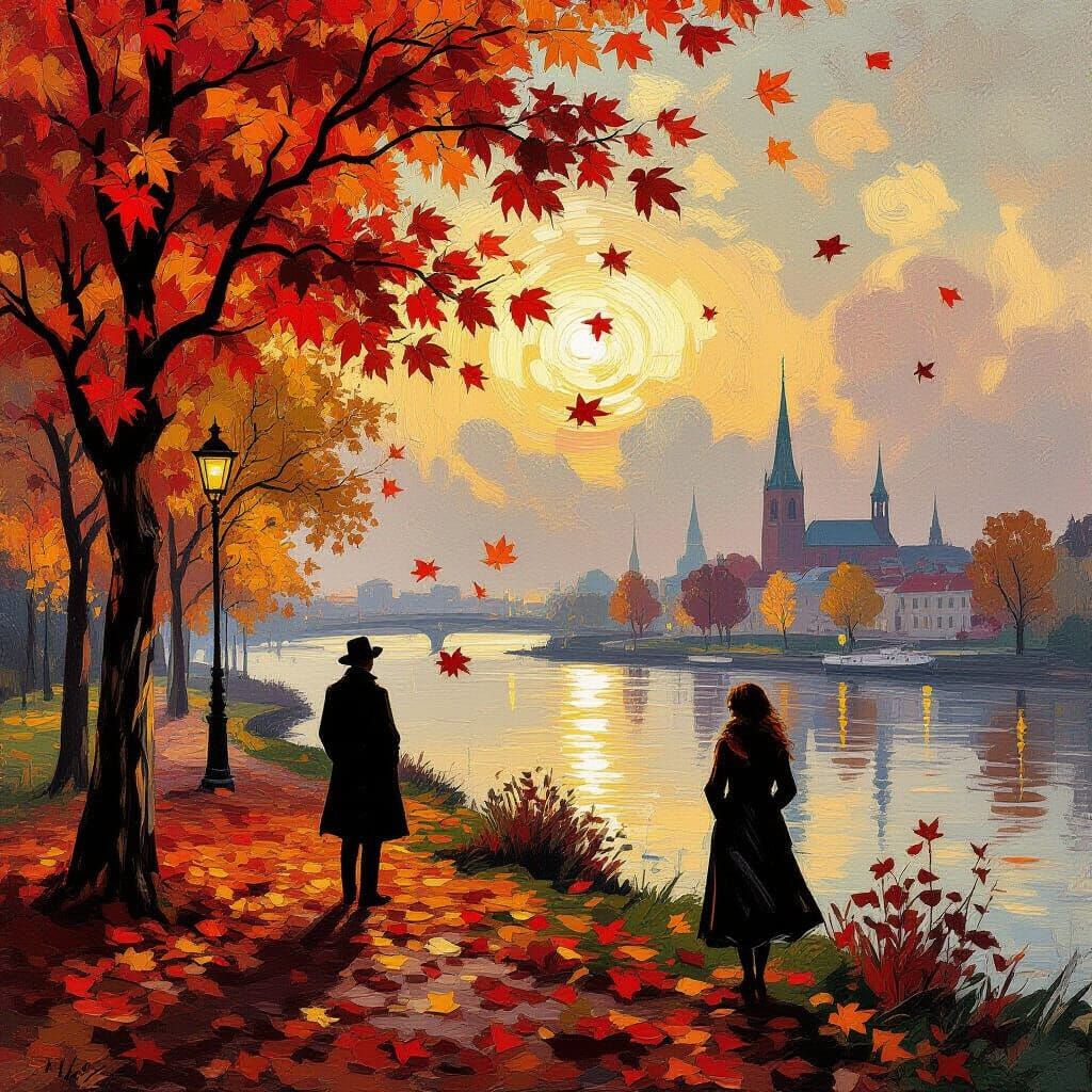 Autumn Landscape Oil Painting with Falling Leaves