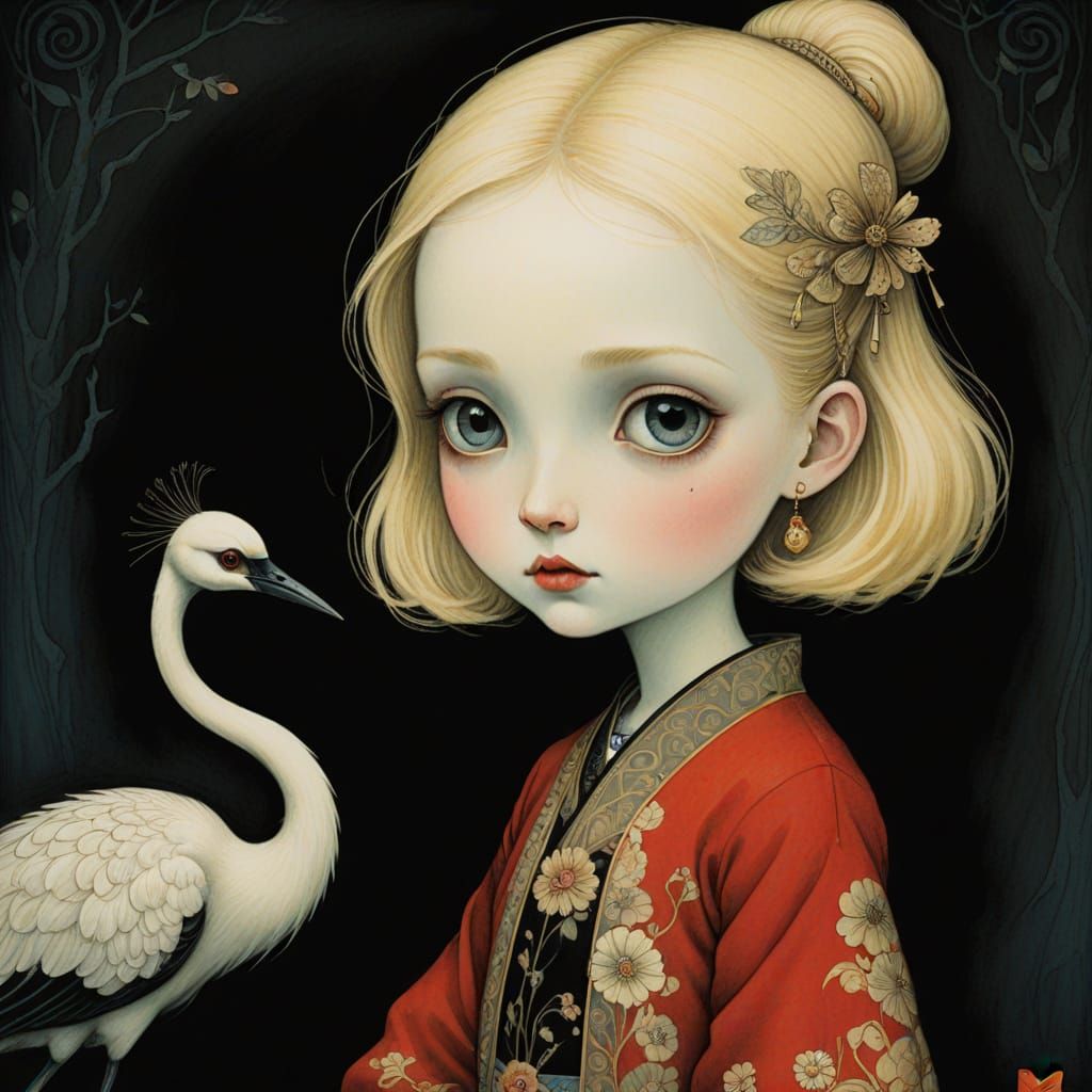 Whimsical Crane Encounter in a Darkened Realm