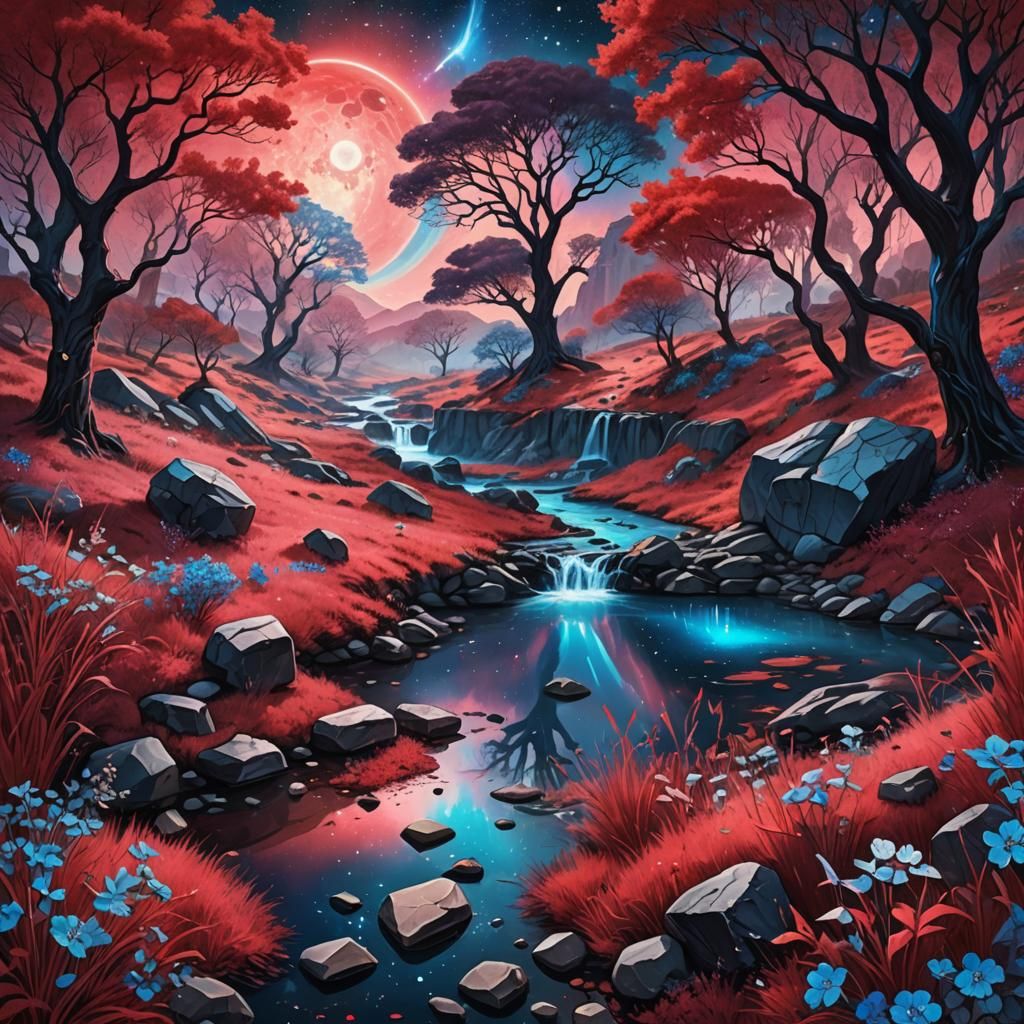 Surreal Red Rivers in Astral Landscape