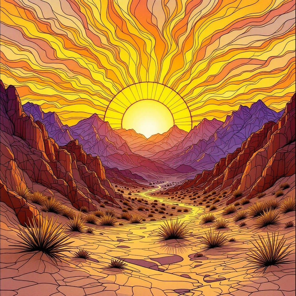 Art Nouveau Desert Sunset in Stained Glass Style