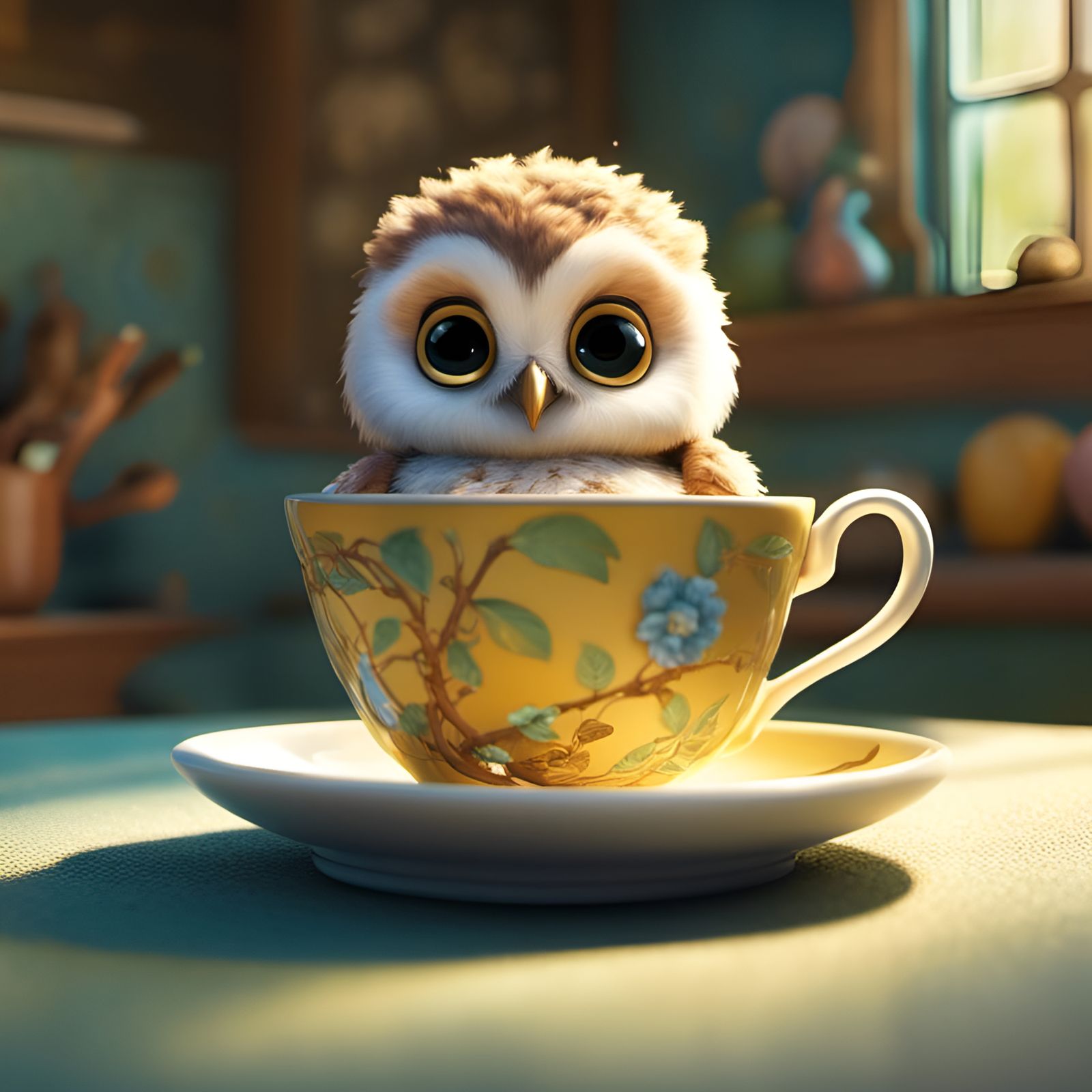 Adorable Baby Owl in Teacup: 3D Art