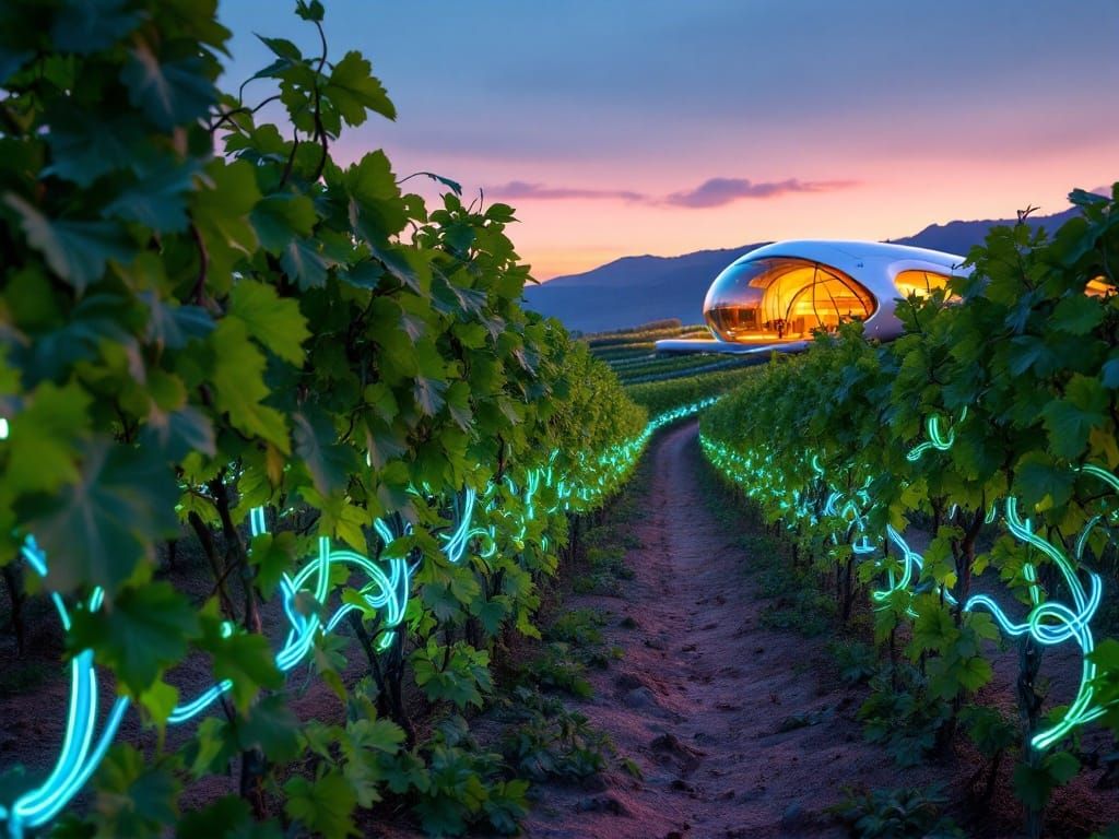Futuristic Vineyard at Dusk with Bioluminescent Grapevines a...