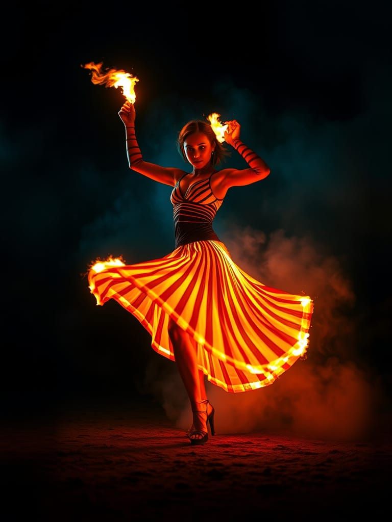 Surrealistic Fire Dancer in a Smoky, Dreamlike Scene