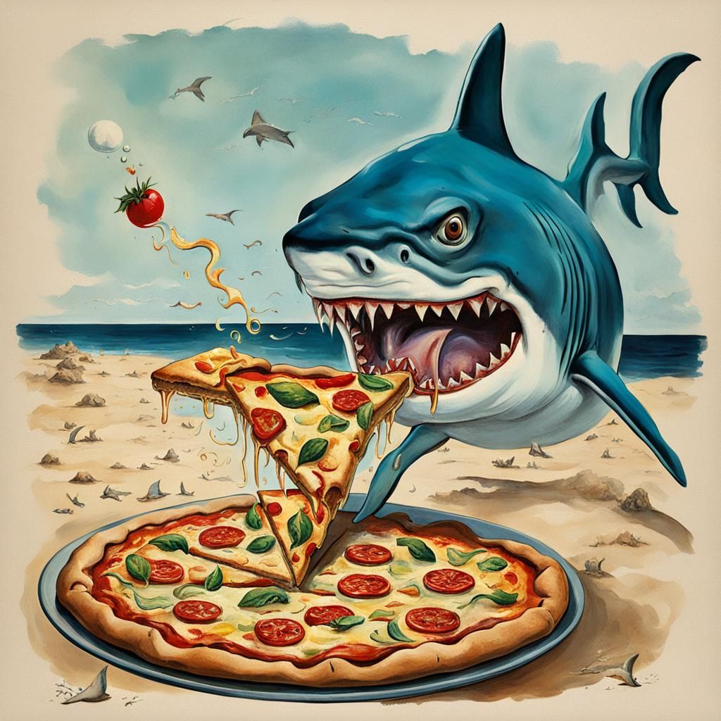 Shark Eating Pizza in Surrealist Style