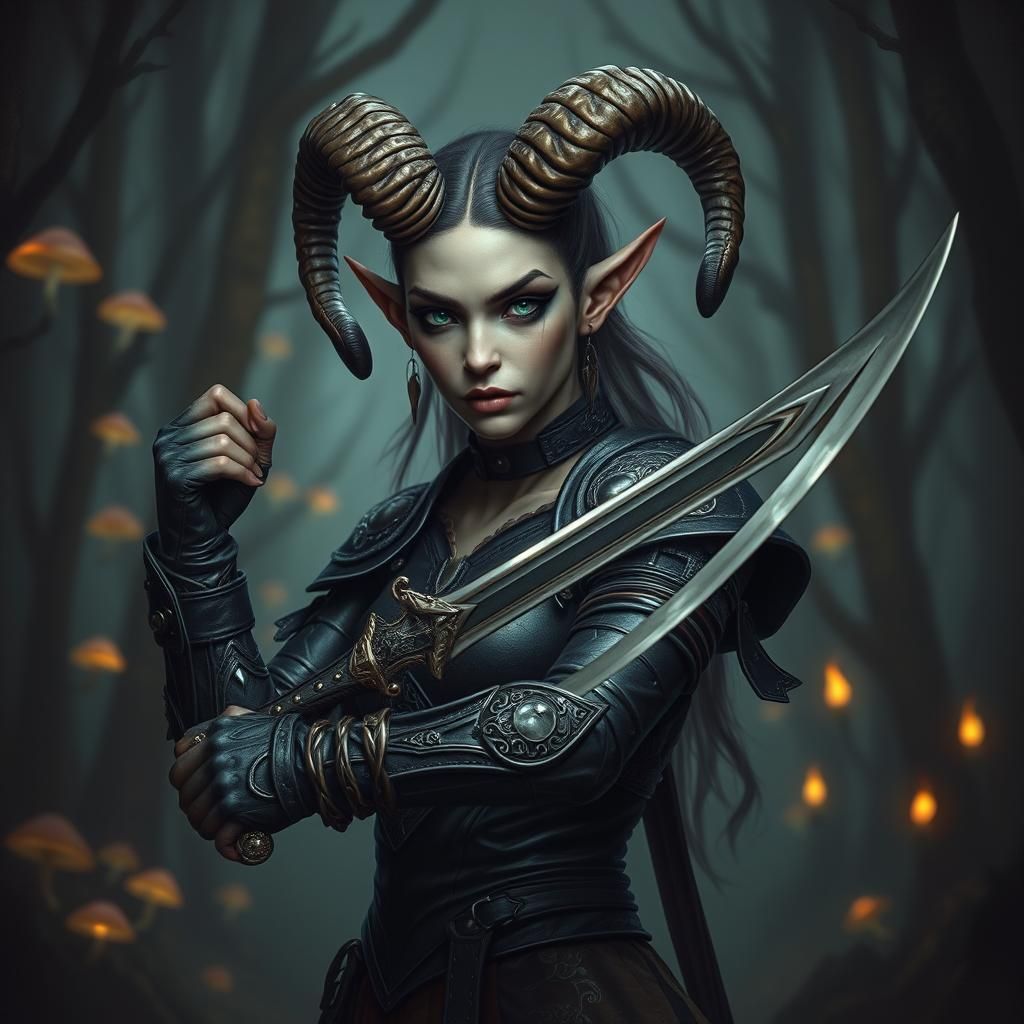 Mystical Tiefling Rogue in Dark Forest