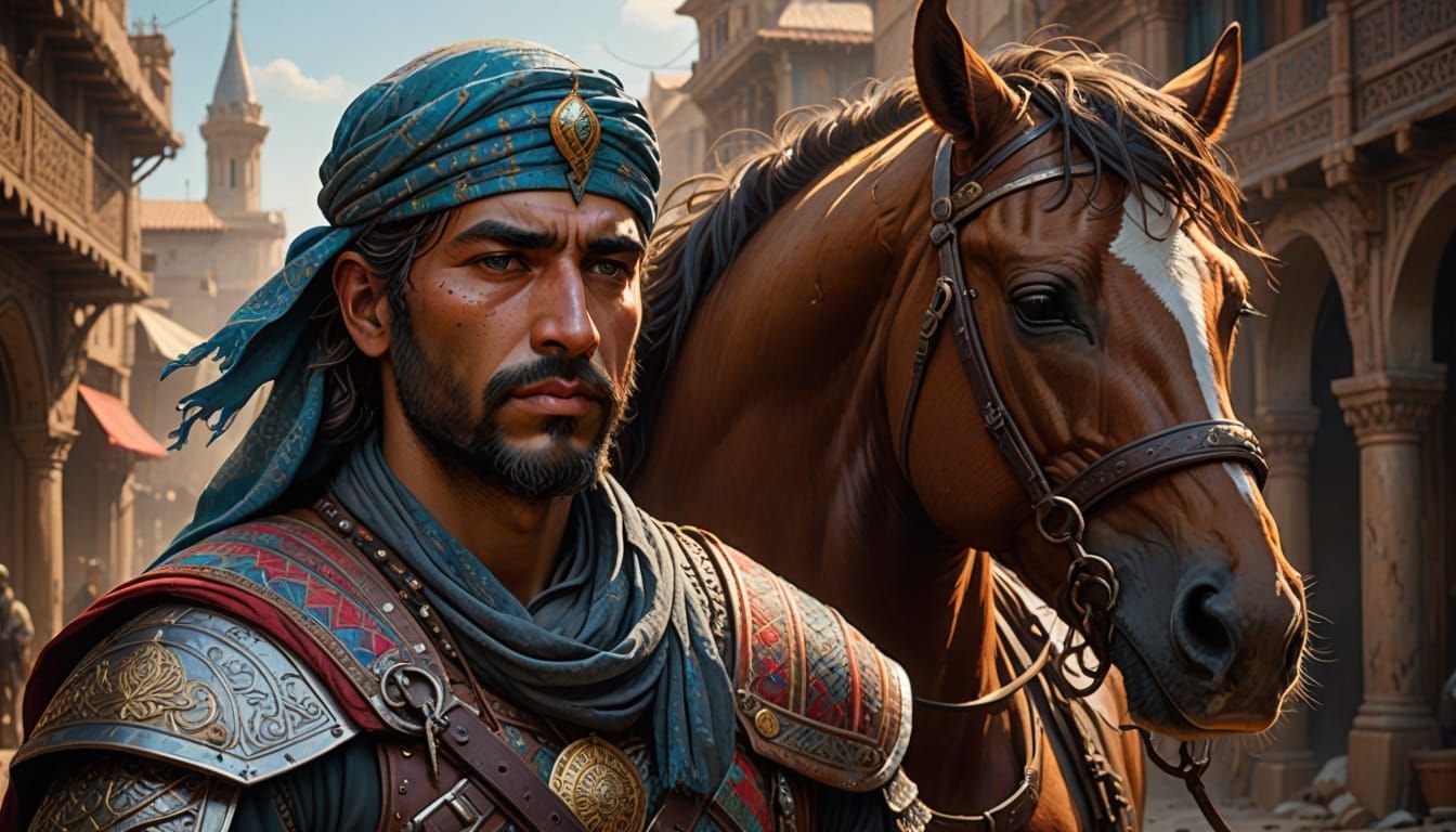 Worn Warrior Prince as Muslim Traveler: Photorealistic Conce...