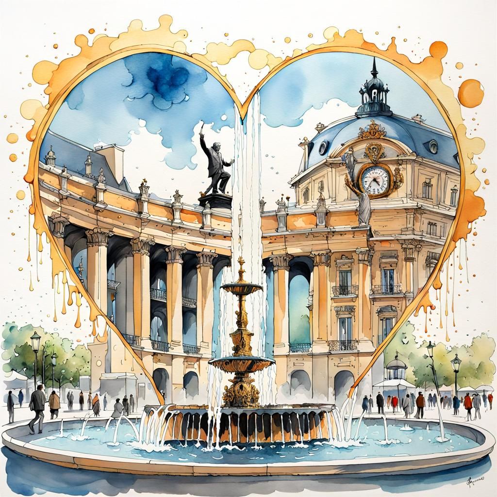 Fontaine des Mers Fountain in Ornate Heart Illustration