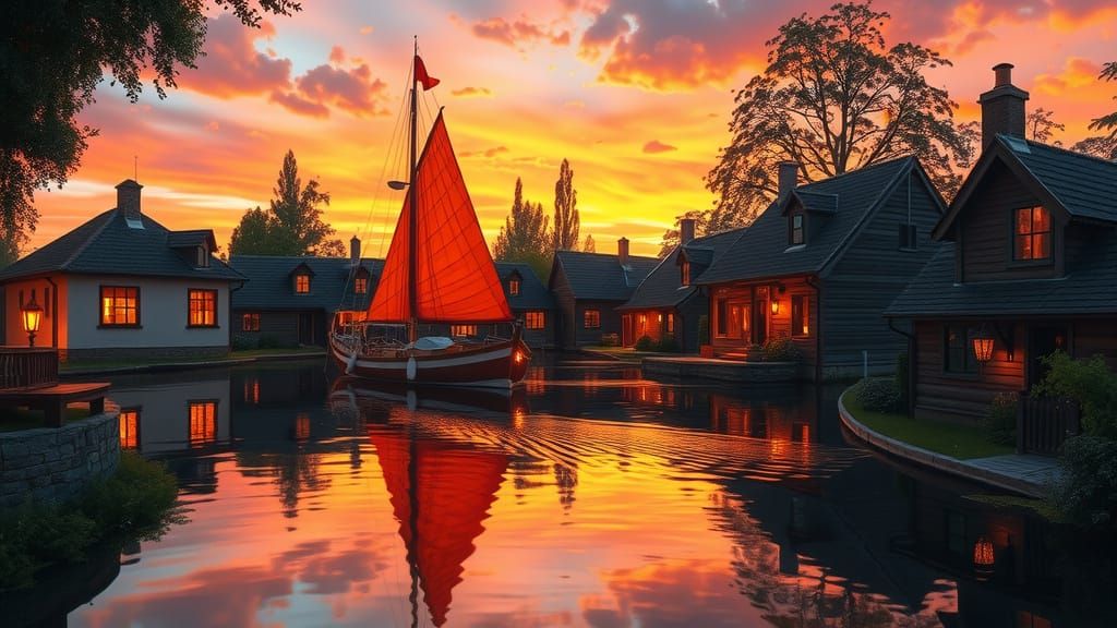 Riverside Village at Sunset with Orange Sailboat