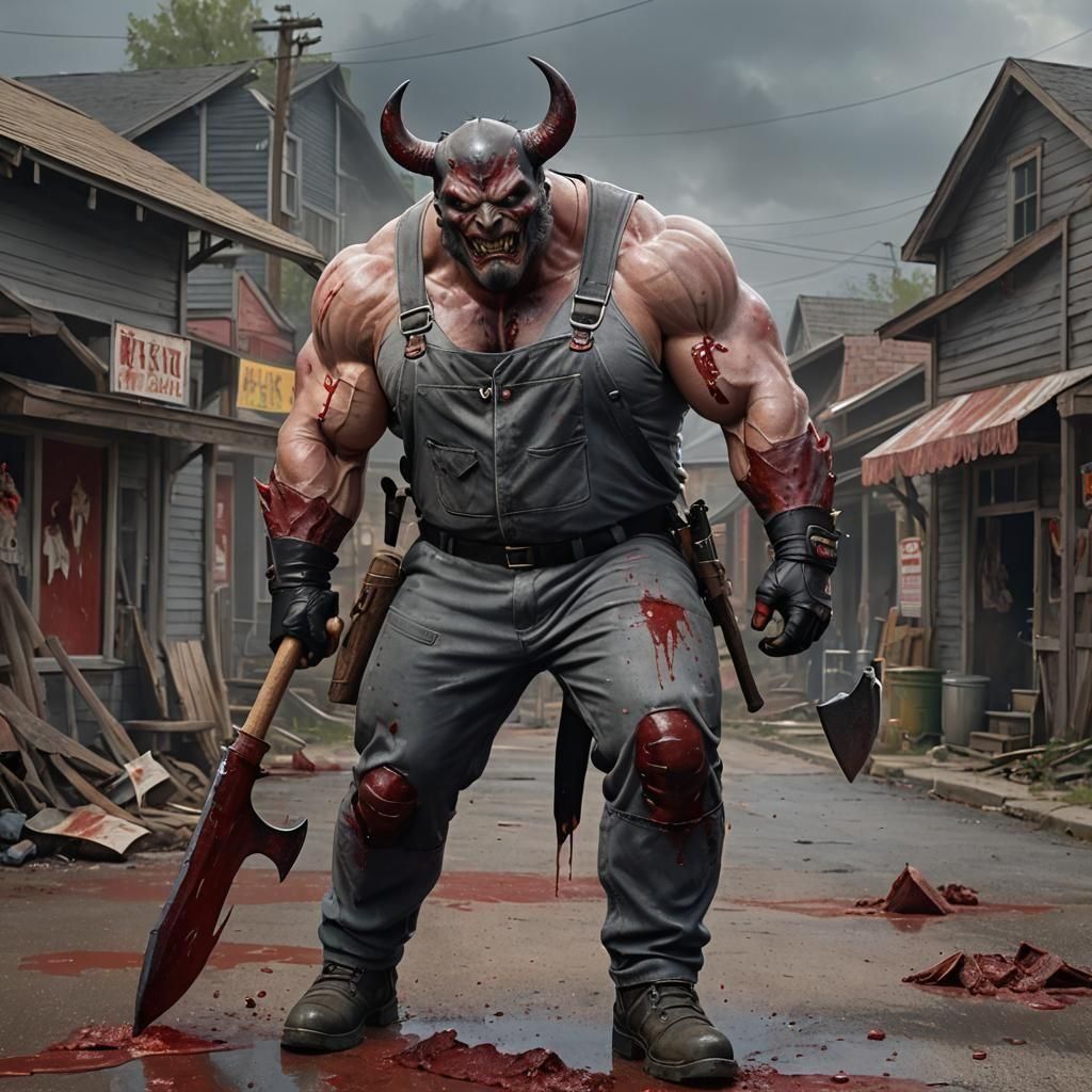 Demonic Woodsman with Bloody Axe in Small Town