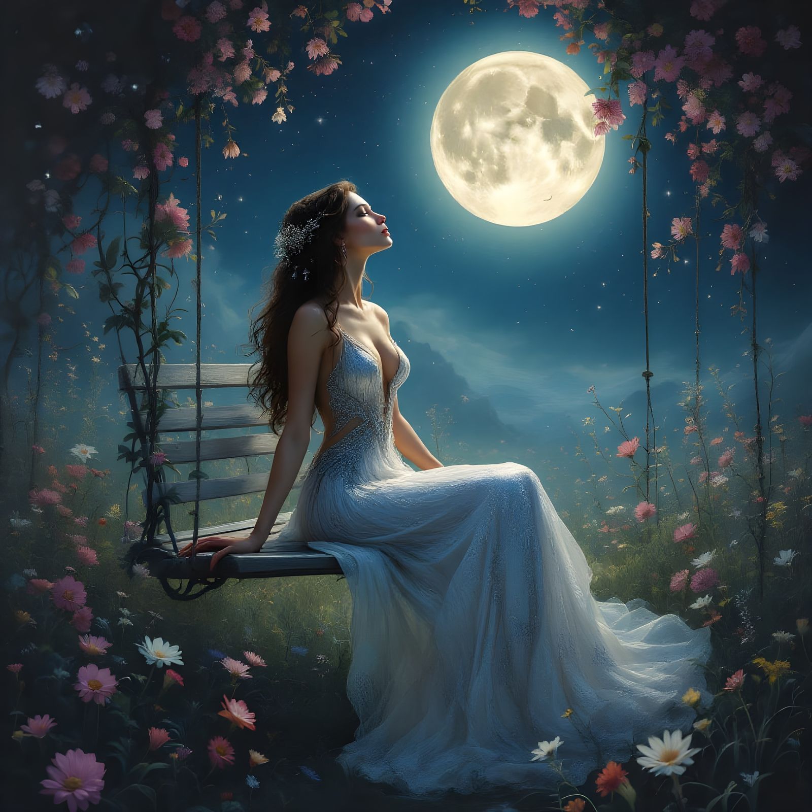 Goddess of Dreams Under Starry Skies in Impasto Oil Painting...