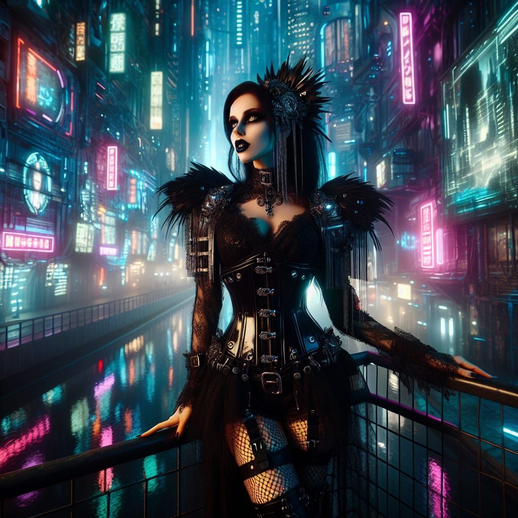 Gothic Cyberpunk Woman in Futuristic Cityscape