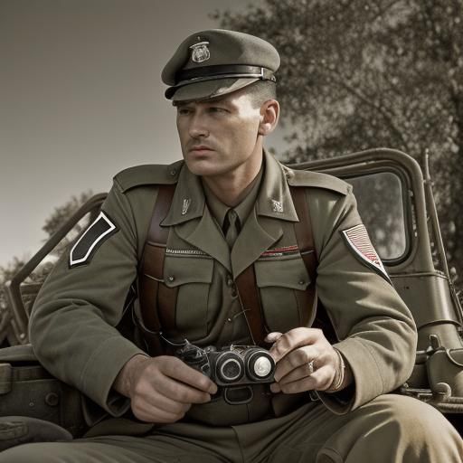 WWII Soldier Photograph in Jeep with Vintage Camera