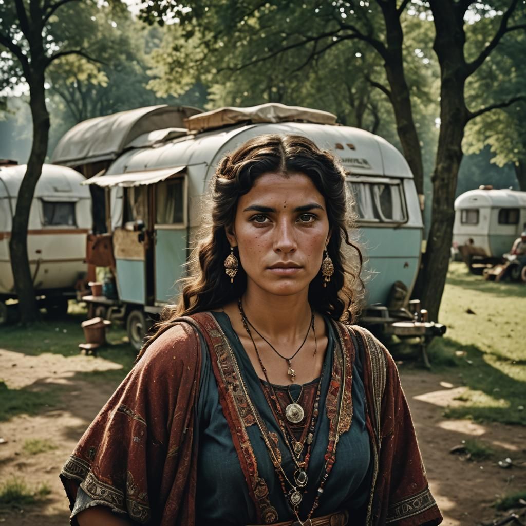 Beautiful Gypsy Woman and Caravan: Documentary Photography