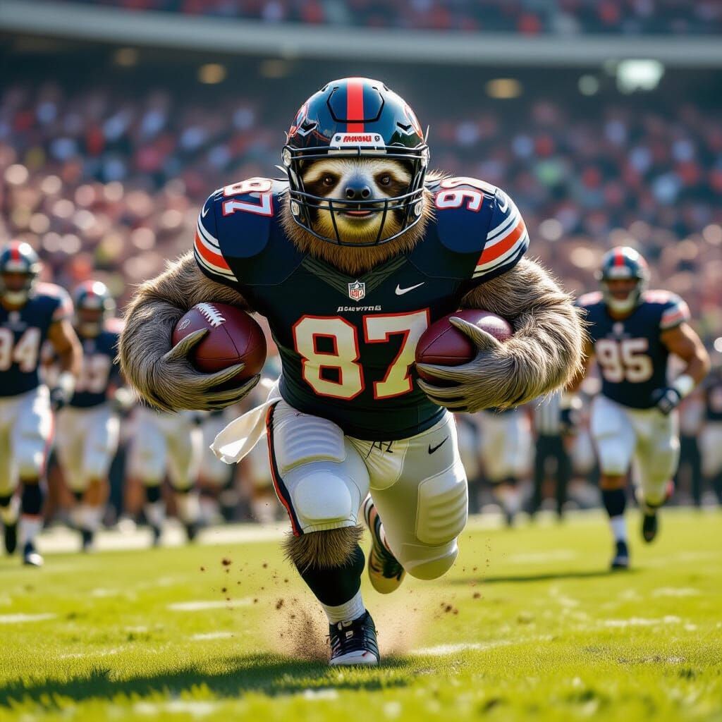 Sloth Athlete on Football Field in Retro-Futuristic Style