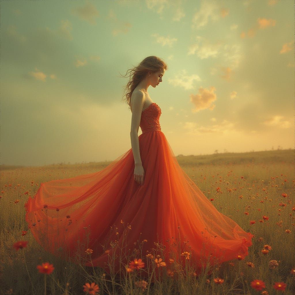 Elegant Woman in Serene Landscape, Art Nouveau Style