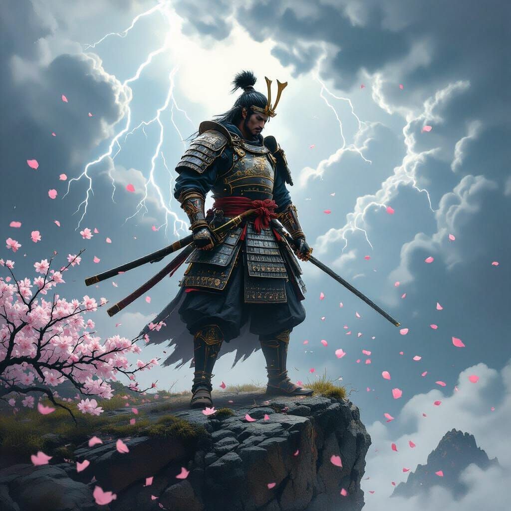 Samurai Warrior on Cliff in Storm with Cherry Blossoms