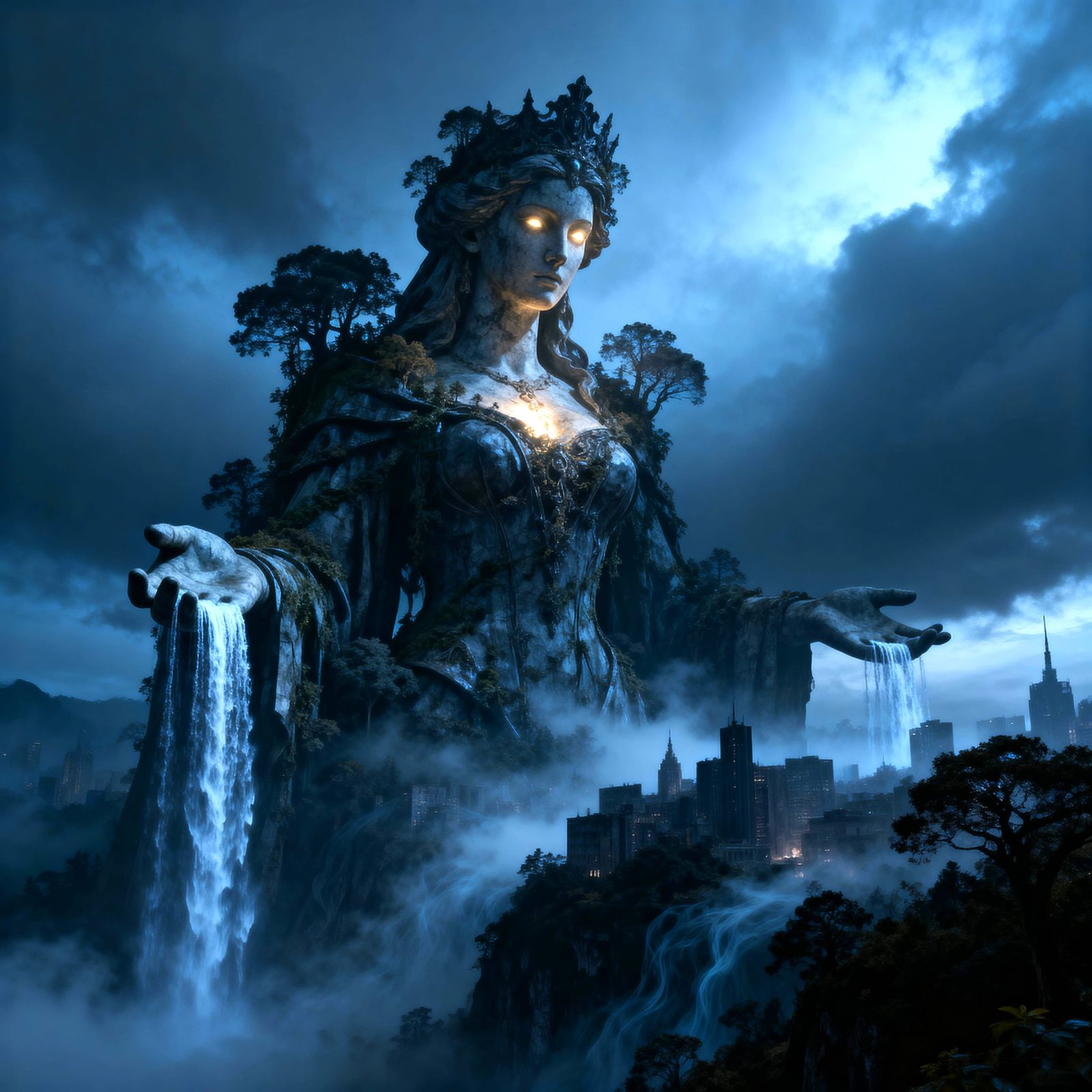 Gothic Goddess Statue Overlooking Foggy City