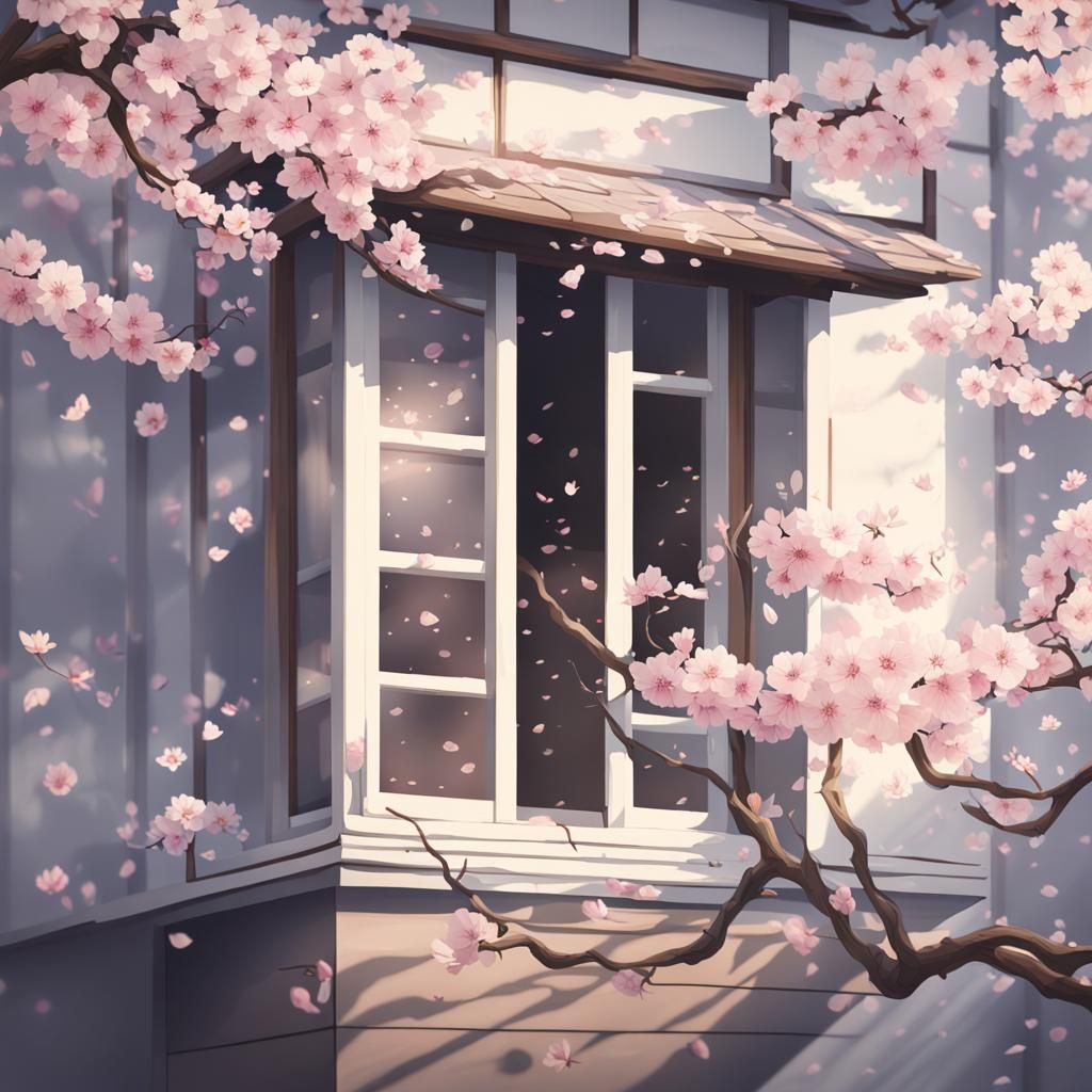 Hyperrealistic View Through Window with Cherry Blossoms