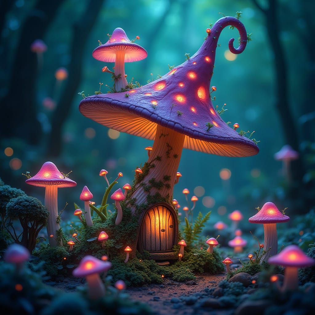 Whimsical Fairy Mushroom Abode in Glowing Bioluminescent Woo...