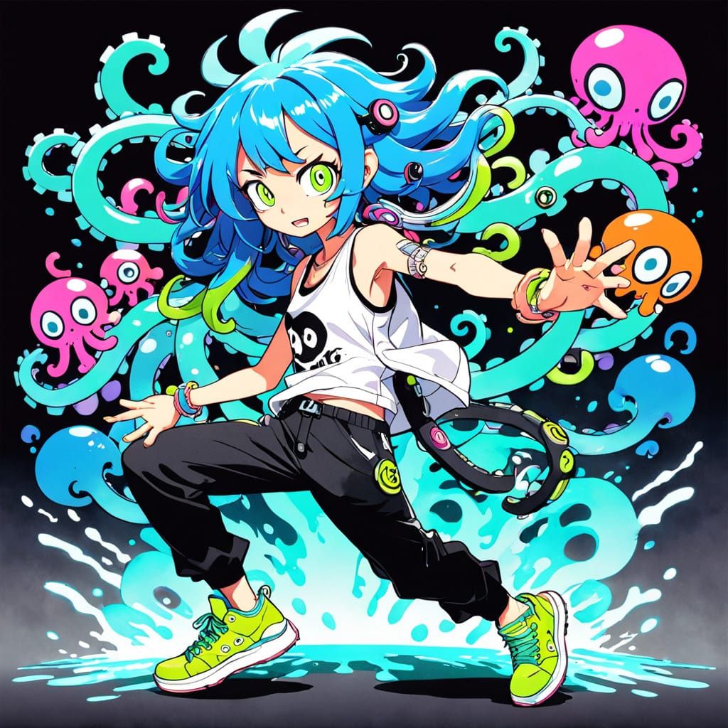 Anime Girl in Cel-Shaded Aesthetic with Splatoon 3 Gear