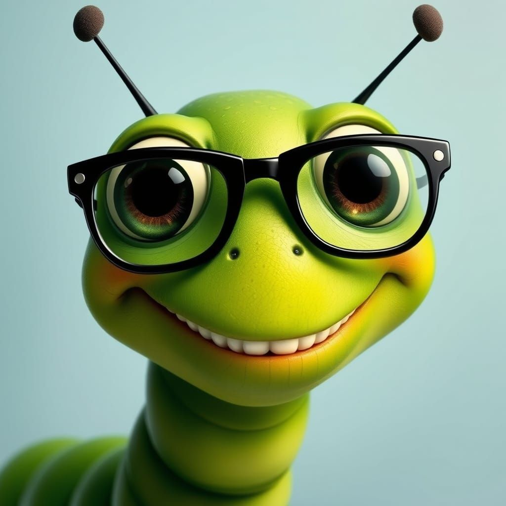 Whimsical Green Worm with Glasses, in Garcia Style