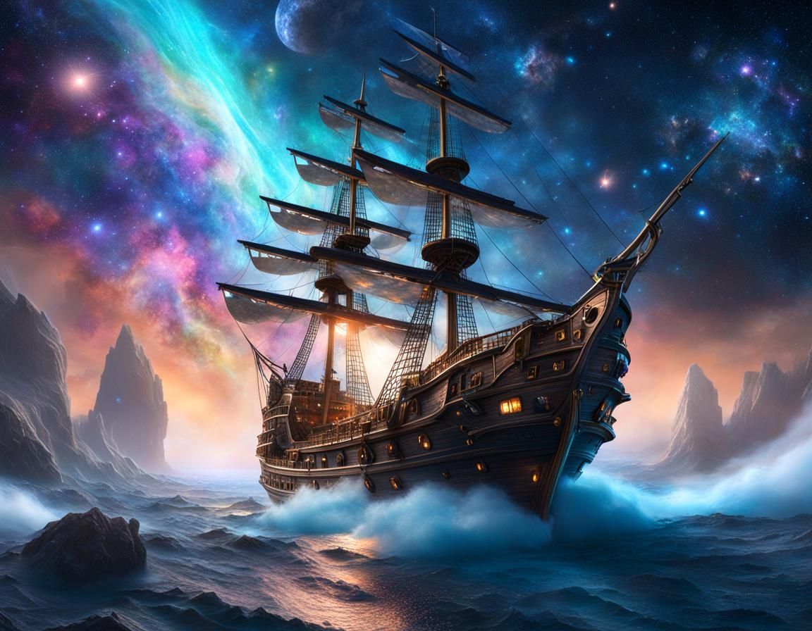 Pirate Ship Soaring Through Space in a Whimsical Style