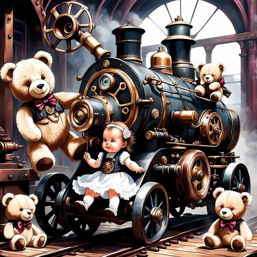 Steampunk Baby Girl Playing with Teddy Bears