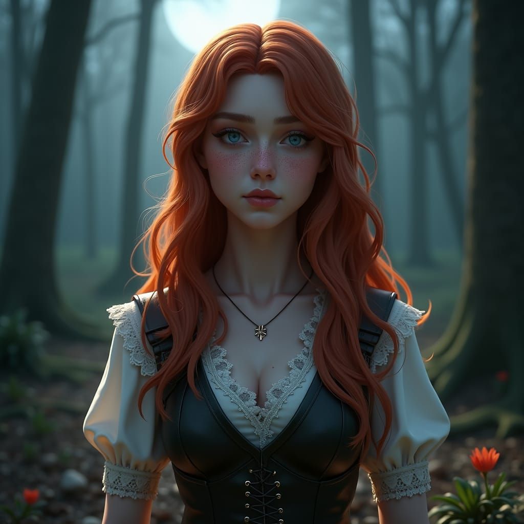 Fantasy Portrait of Redhead in Dark Forest