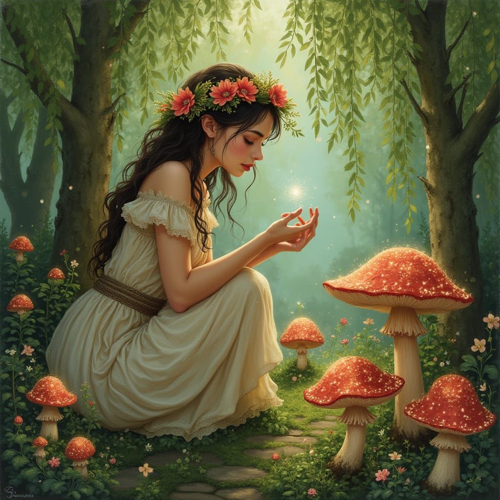 Enchanted Forest with Whimsical Woman and Sparkling Mushroom...