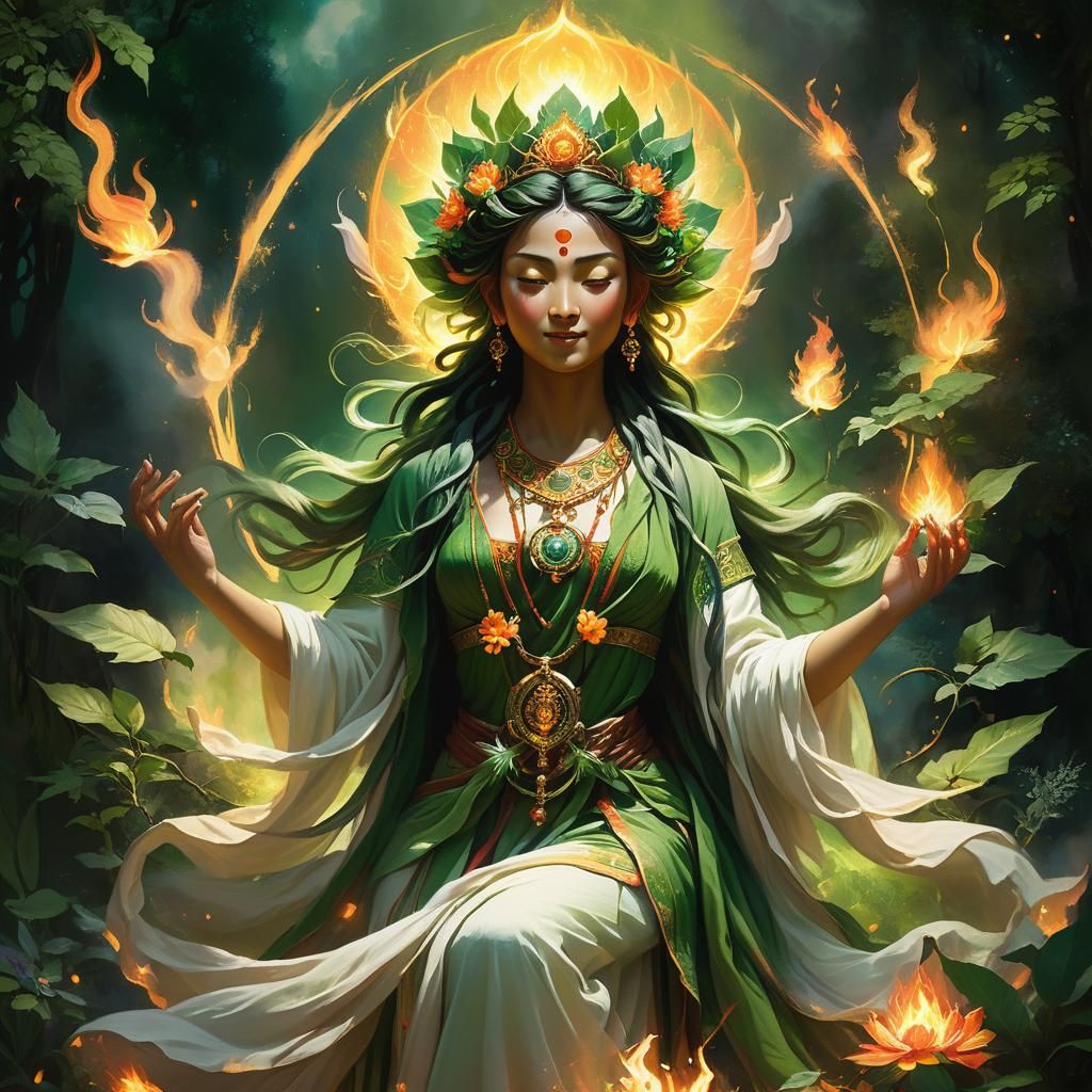 Green Tara in Fiery Halo: Cinematic Oil Painting