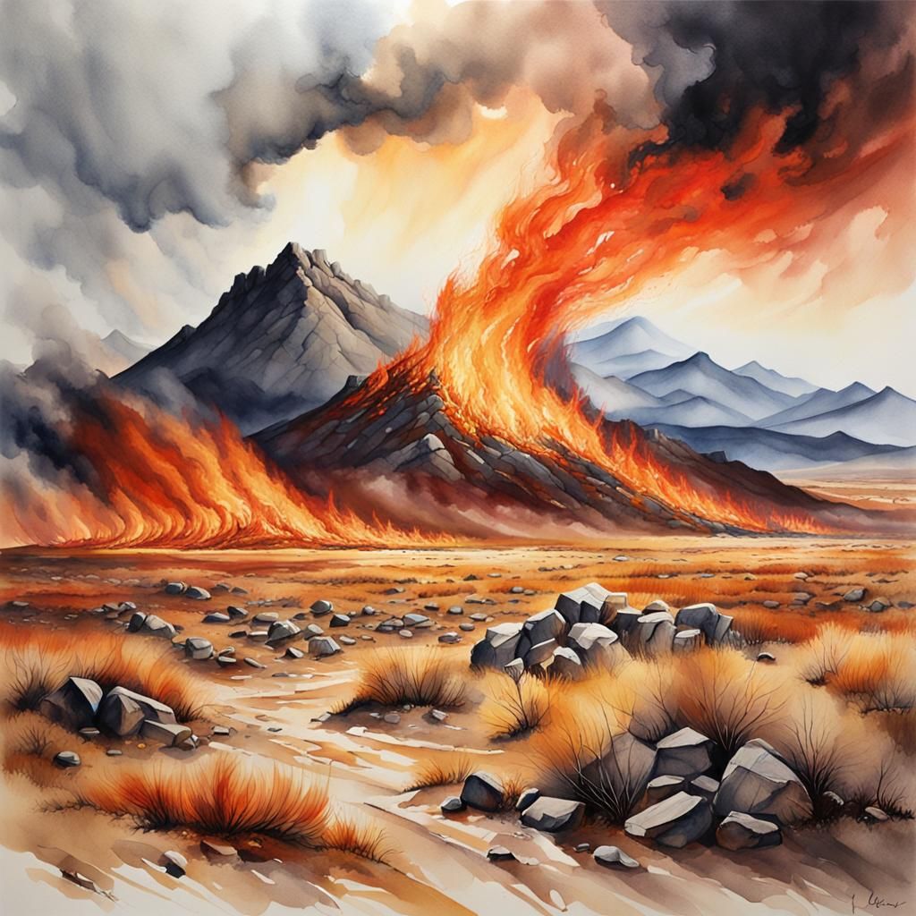 Monumental Fire Engulfs Barren Landscape: Watercolour