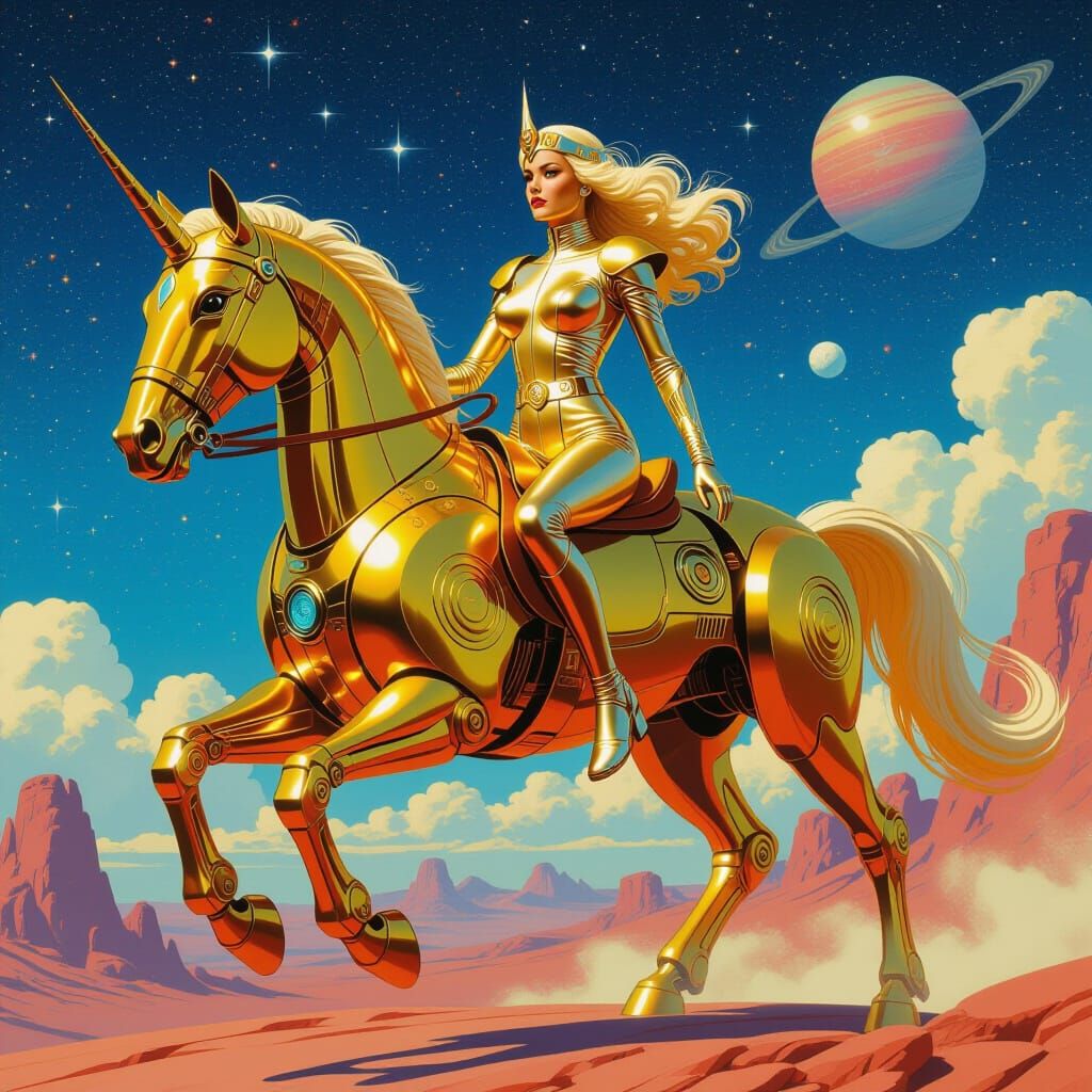 Retro-Futuristic Space Queen Riding Robot Horse