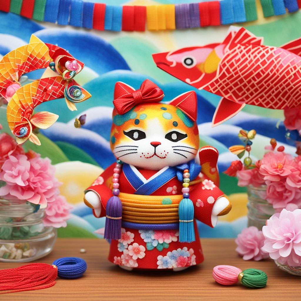 Colorful Pixel Art Maneki Neko with Koinobori