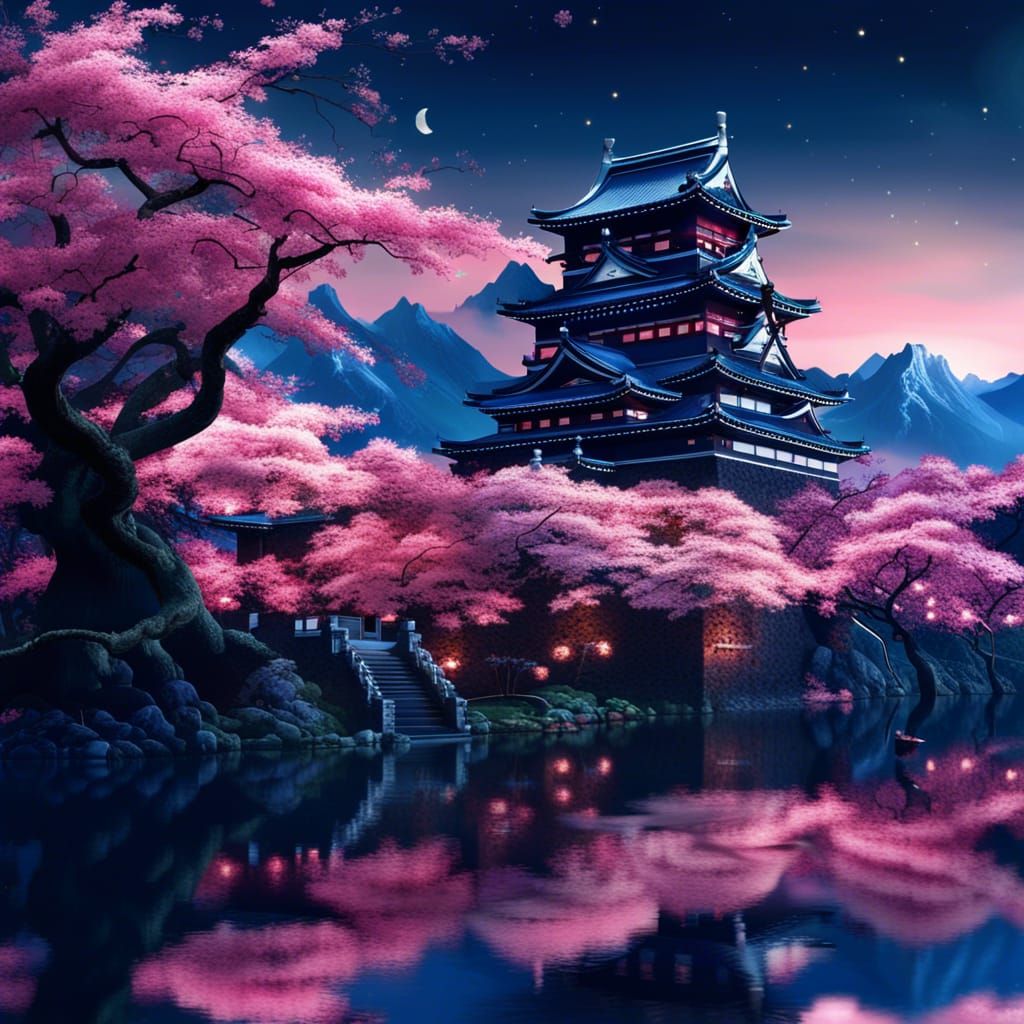 Japanese Castle Cherry Blossoms Matte Painting