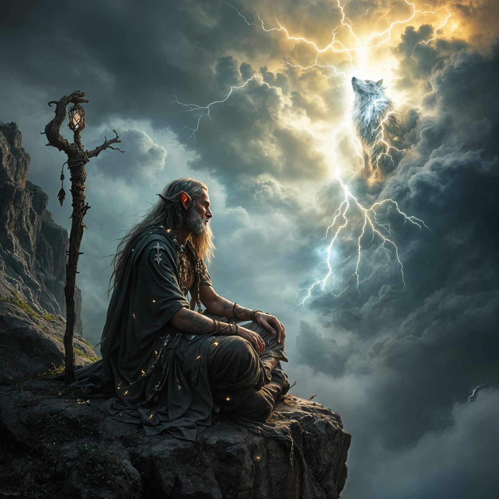Mystical Elf Shaman Meditating Under Stormy Skies