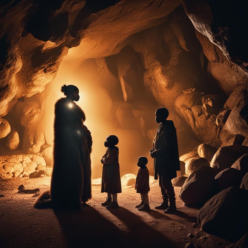 Dramatic Cave Scene of Women and Children